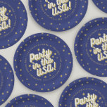 Party in the USA Navy 4th of July Decorations Paper Plates<br><div class="desc">Celebrate the 4th of July in style with this fun paper plate. Featuring the phrase "Party in the USA" in a fun font with patriotic colors and golden stars. Customize with your celebration information.</div>