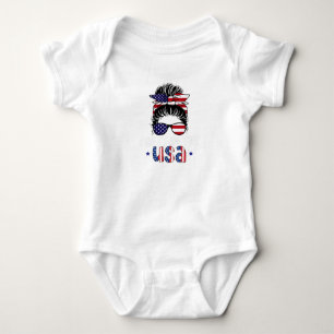 Party In USA Messy Bun 4th July Patriotic Baby Bodysuit