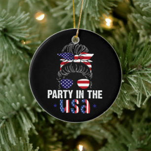 Party In USA Messy Bun 4th July Patriotic Ceramic Ornament
