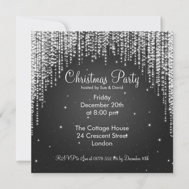 Party Invitation Elegant Falling Sparkle Black (Front)