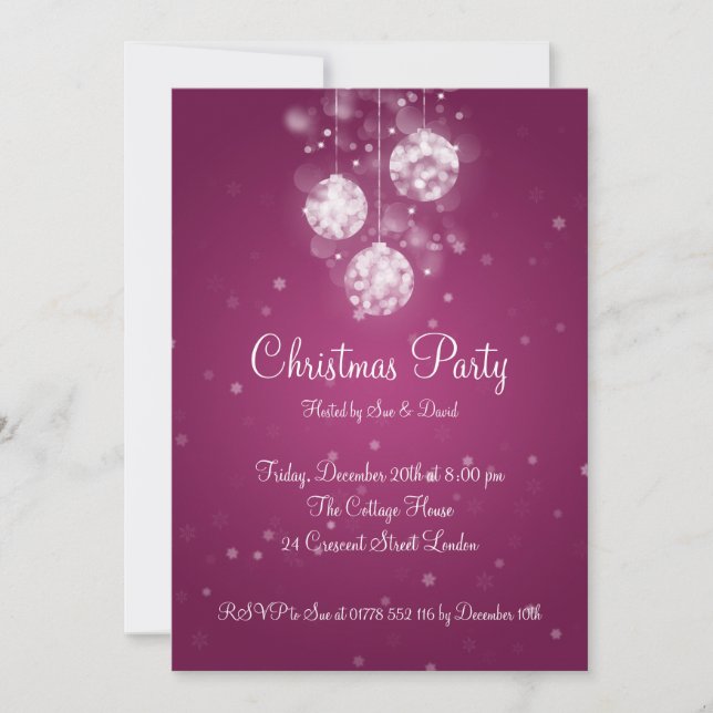 Party Invitation Elegant Sparkling Baubles Pink (Front)