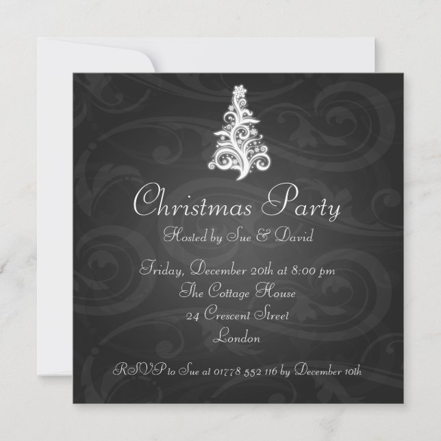 Party Invitation Elegant Swirly Tree Black (Front)