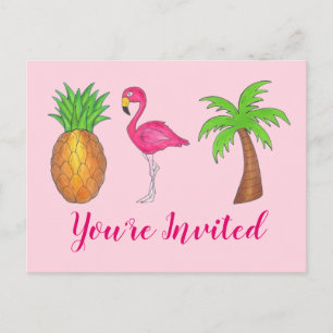 Party Invitation Pink Flamingo Palm Tree Pineapple