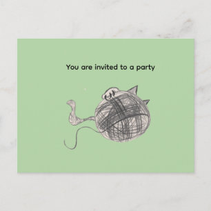 Party Invitation Postcard Playful Cat Yarn Ball