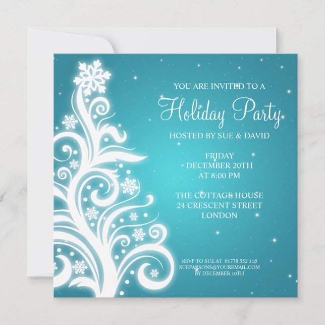 Party Invitation Swirly Christmas Tree Turquoise (Front)