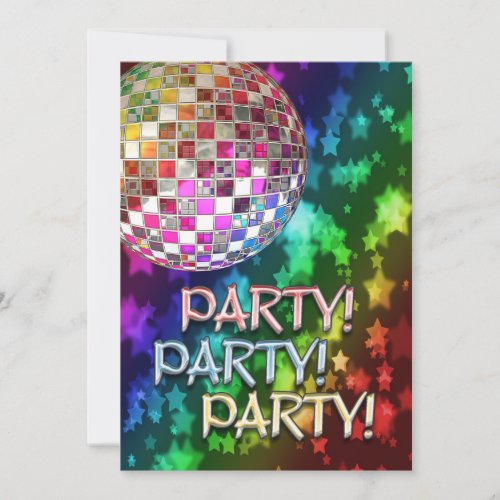 PARTY invitation with disco ball and rainbow of st