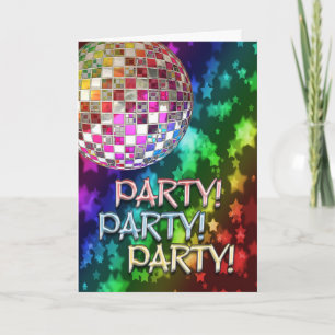 PARTY invitation with disco ball and rainbow of st