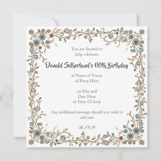 Party Invitations with a Drawn Floral Border. (Back)