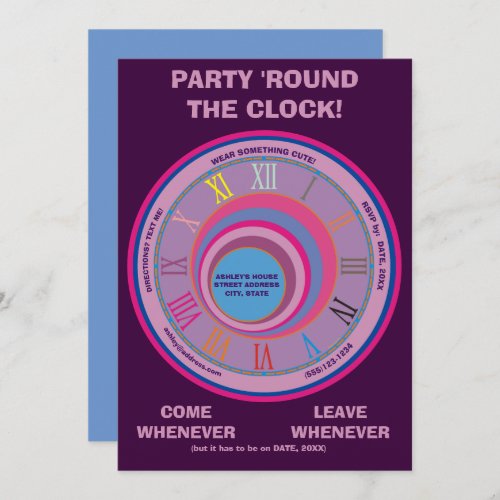 Party Invite 24_Hour Round Clock Blue Purple Pink 