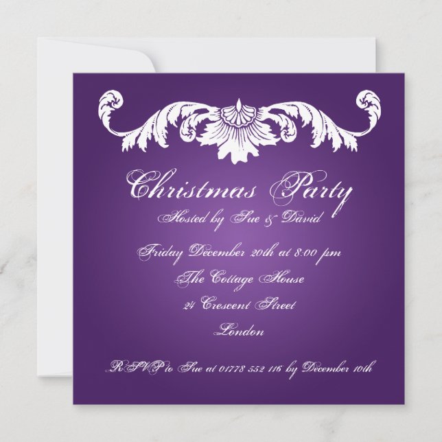 Party Invite Vintage Ornament on Purple (Front)