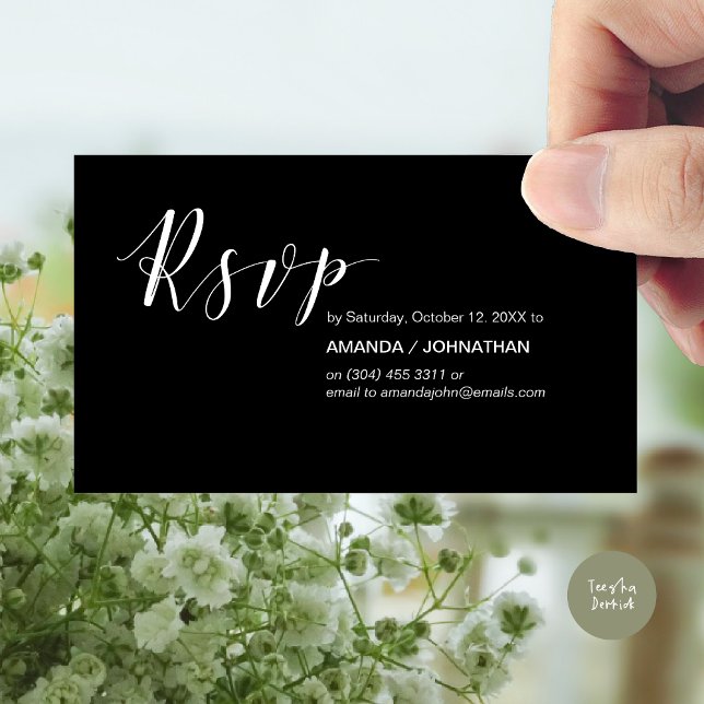 Party Invites RSVP, Modern Elegant Black (Modern Wedding RSVP Invitation Card, Online reply, Email or phone, in classy black)