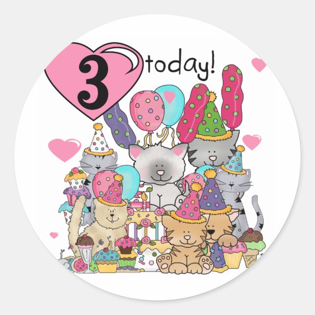 Party Kittens 3rd  Birthday Tshirts and gifts Classic Round Sticker (Front)