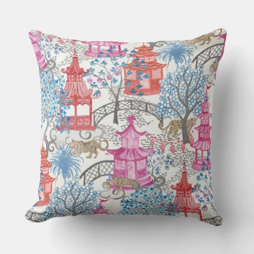 Party Leopards in the Pagoda Forest in Spicy Pink Throw Pillow