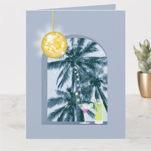 Party Light Cocktail Disco Ball Palm Blue Greeting Card