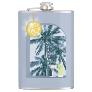 Party Lights Cocktails Disco Ball Palms on Blue Flask
