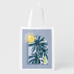 Party Lights Cocktails Disco Ball Palms on Blue Grocery Bag