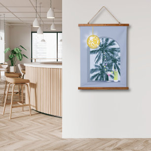 Party Lights Cocktails Disco Ball Palms on Blue Hanging Tapestry