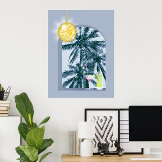 Party Lights Cocktails Disco Ball Palms on Blue Poster
