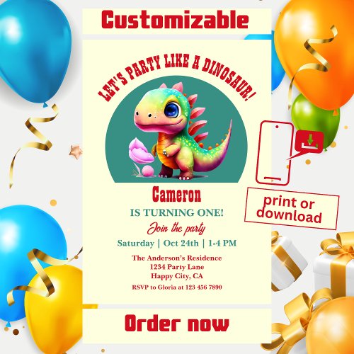 Party like a dinosaur 1st birthday cute colorful  invitation