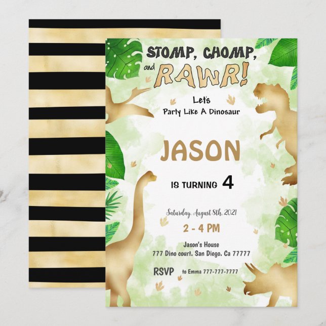Party Like A Dinosaur, Birthday Party Invitation (Front/Back)
