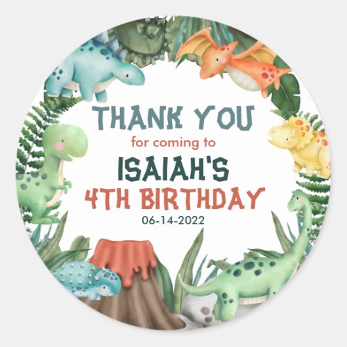 Party Like a Dinosaur Birthday Thank you  Classic Round Sticker