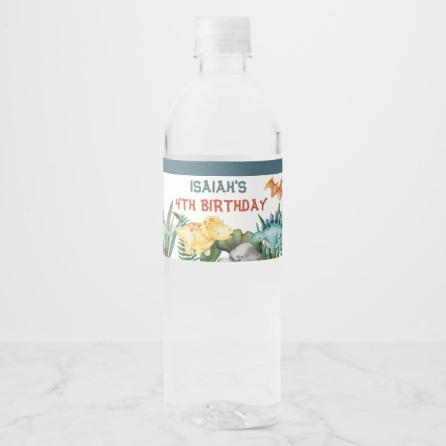 Party Like a Dinosaur Happy Birthday Personalized Water Bottle Label (Front)