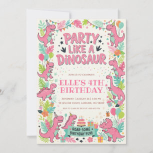 party like a dinosaur pink dinosaur birthday invitation