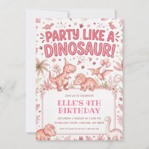 party like a dinosaur pink dinosaur birthday invitation