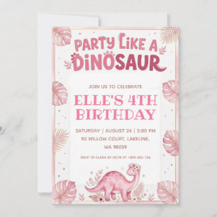 party like a dinosaur pink dinosaur birthday invitation
