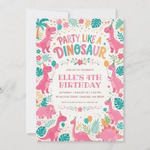 party like a dinosaur pink dinosaur birthday invitation