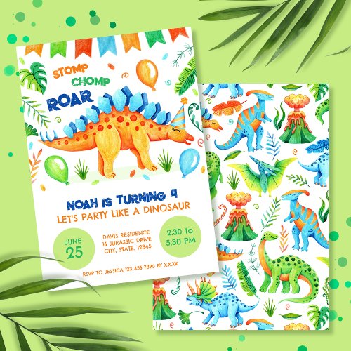 Party Like a Dinosaur Stegosaurus Boys Birthday Invitation