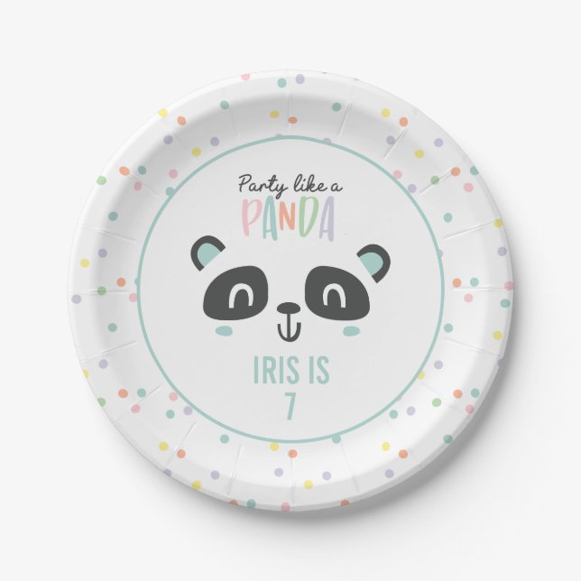 Party like a panda bright colorful birthday paper plates (Front)