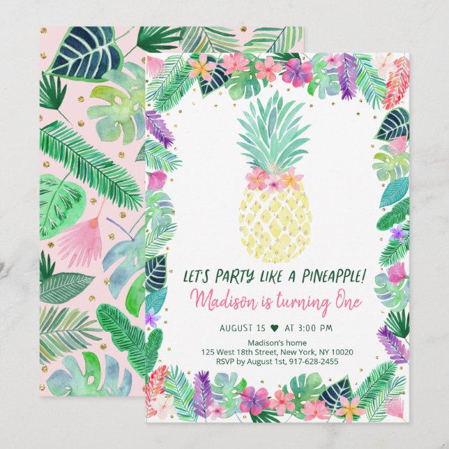 Party Like a Pineapple Tropical Floral Birthday Invitation (Front/Back)