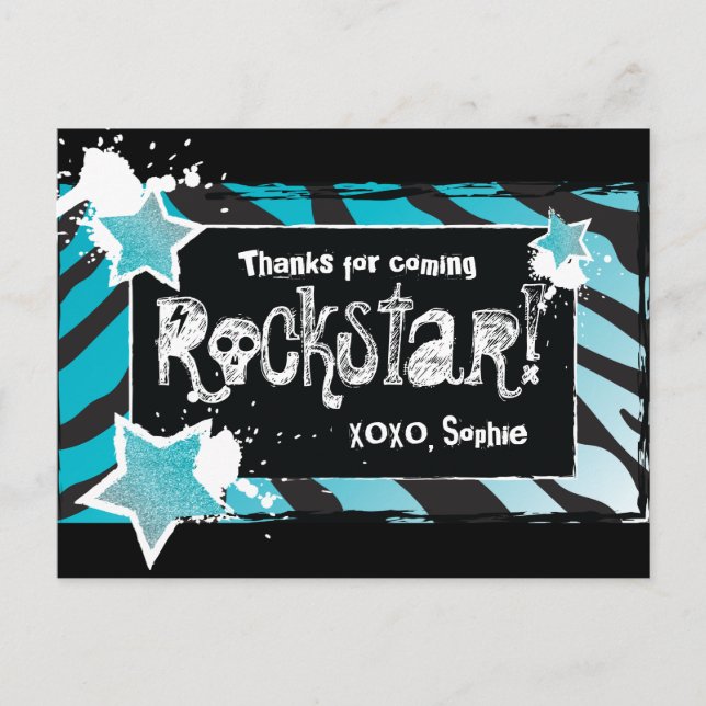 Party Like a Rockstar- Blue Thank You Post Card (Front)