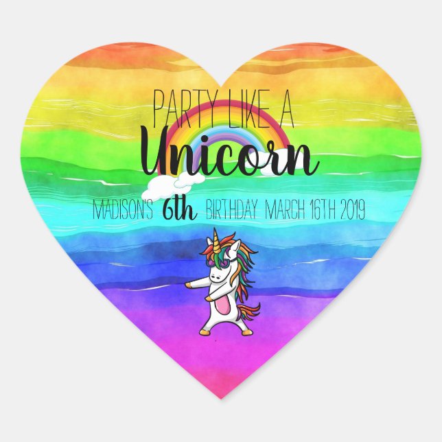 Party Like A Unicorn Rainbow Birthday Heart Sticker (Front)
