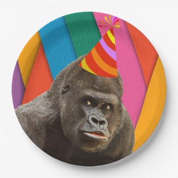 Party Like An Animal Gorilla With Hat Birthday Paper Plates by kellbellsplace at Zazzle