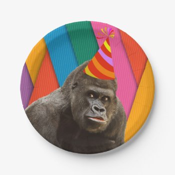 Party Like An Animal Gorilla With Hat Birthday Paper Plates by kellbellsplace at Zazzle