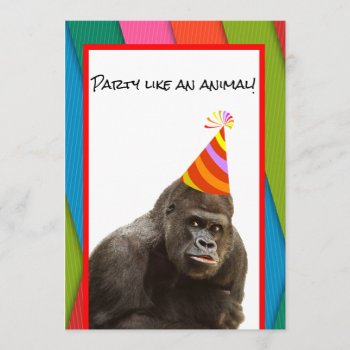 Party Like An Animal Gorilla With Hat Birthday V2 Invitation by kellbellsplace at Zazzle