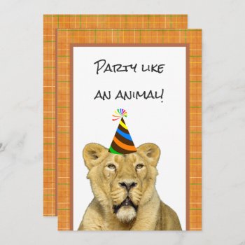 Party Like An Animal Lion With Hat Birthday Invitation by kellbellsplace at Zazzle