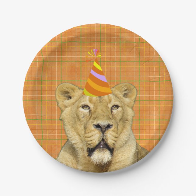 Party Like An Animal Lion With Hat Birthday Paper Plates (Front)