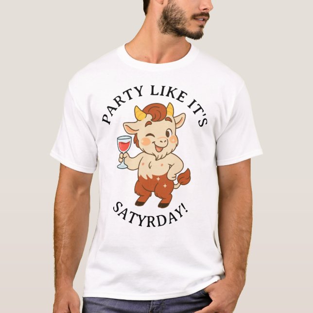 Party Like It’s Satyrday Cute Wine Satyr Mythology T-Shirt (Front)