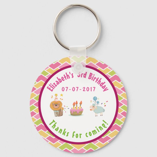 Party Lion and Sheep with Balloons Birthday Thanks Keychain (Front)