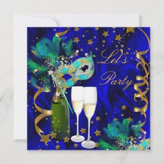 Party Mask Champagne Blue Gold Masquerade Invitation