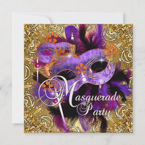 Party Masquerade Purple Orange Gold Silver Invitation