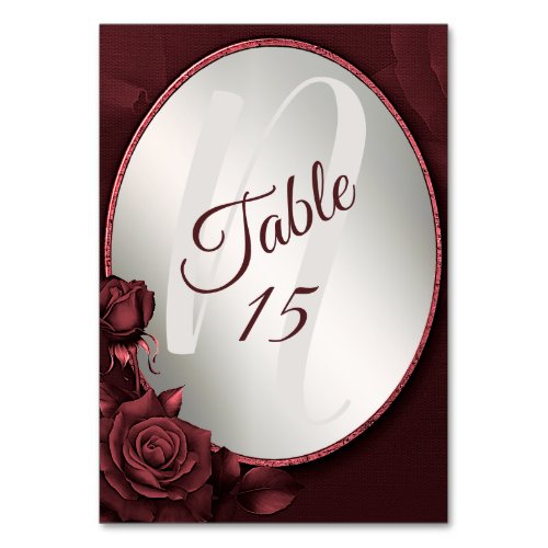 Party Monogram Red Pink Roses Flowers Frame Rustic Table Number