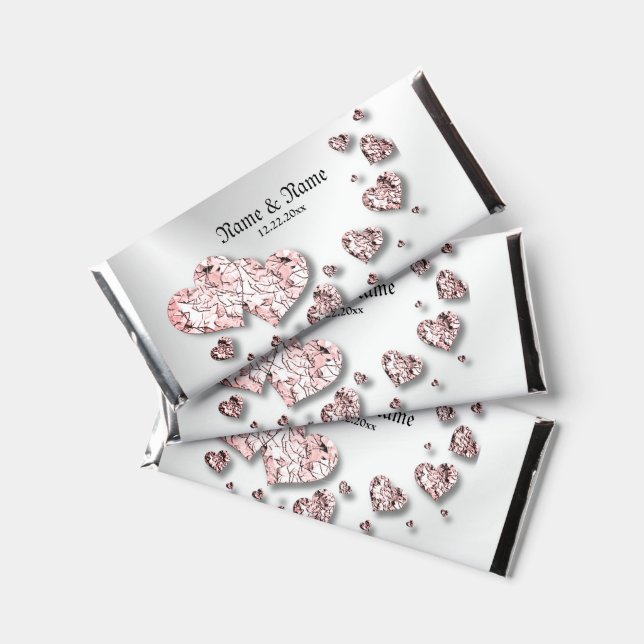 Party Name Pink Peach Shiny Hearts Geometric Hershey Bar Favors (Front)