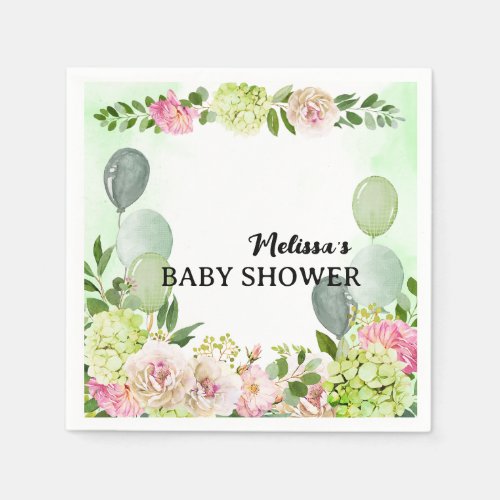 Party napkins green hydrangea pink floral balloons