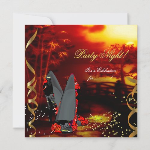 Party Night Red Gold Black Floral Shoes Asian Invitation