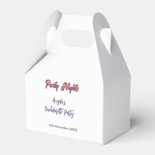 Party nights bachelorette party name date purple favor boxes