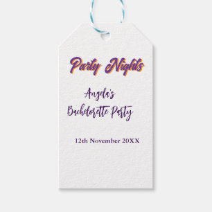 Party nights bachelorette party name date purple gift tags